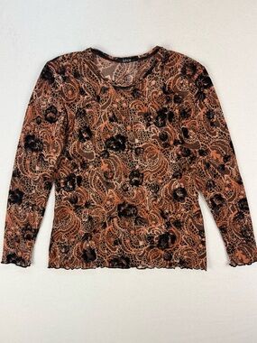 Y2K Mesh Floral Lace Print Top Semi Sheer 2000’s Fairy Grunge Goth Long Sleeve